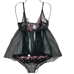 Fredericks of Hollywood Lingerie Set Black Sheer Babydoll Top panties VTG 80's